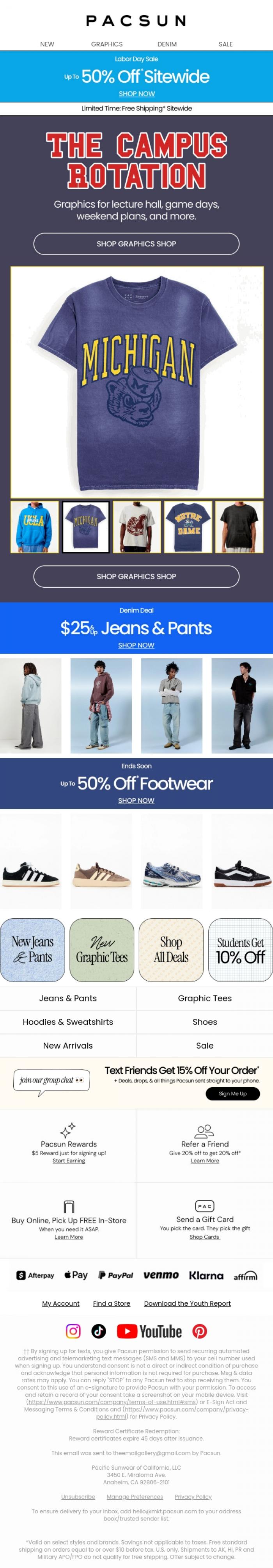 Email Design Inspiration from PacSun, (Up to 50% off) Graphics for your campus rotation
