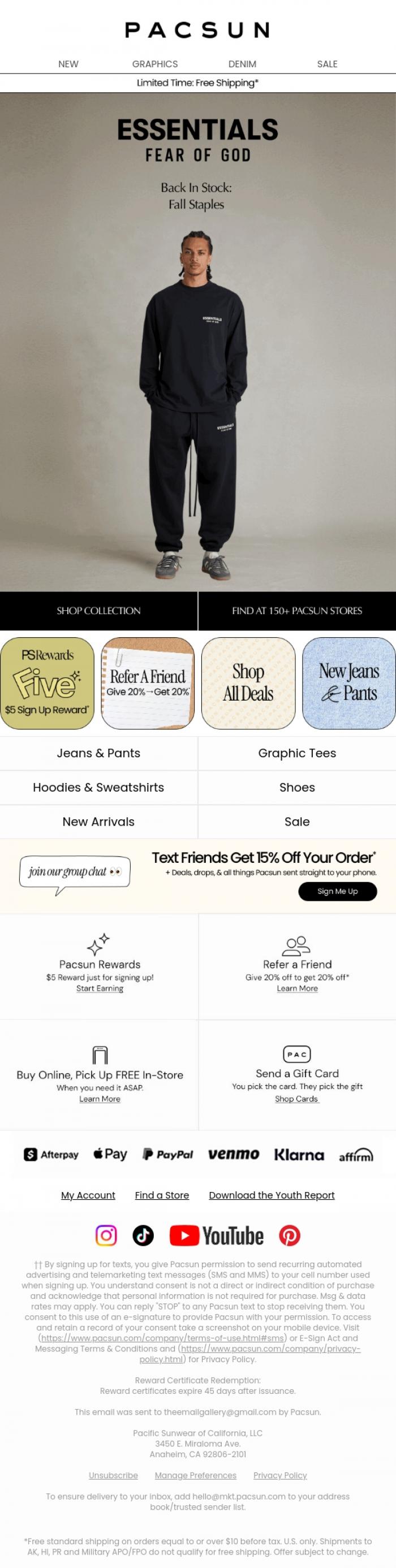 Email Design Inspiration from PacSun, Back In Stock: Fear of God ESSENTIALS Fall Staples