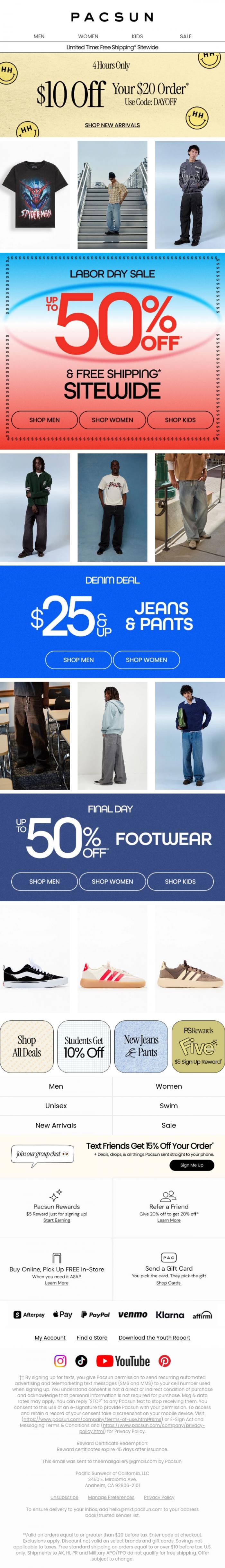 Email Design Inspiration from PacSun, 4 HR DEAL: $10 Off $20* (Code Inside!)
