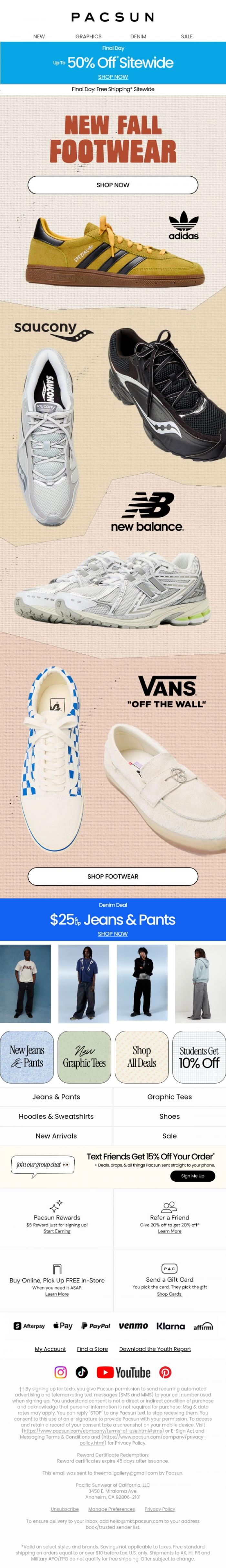 Email Design Inspiration from PacSun, New Fall Footwear: adidas, Saucony, Vans