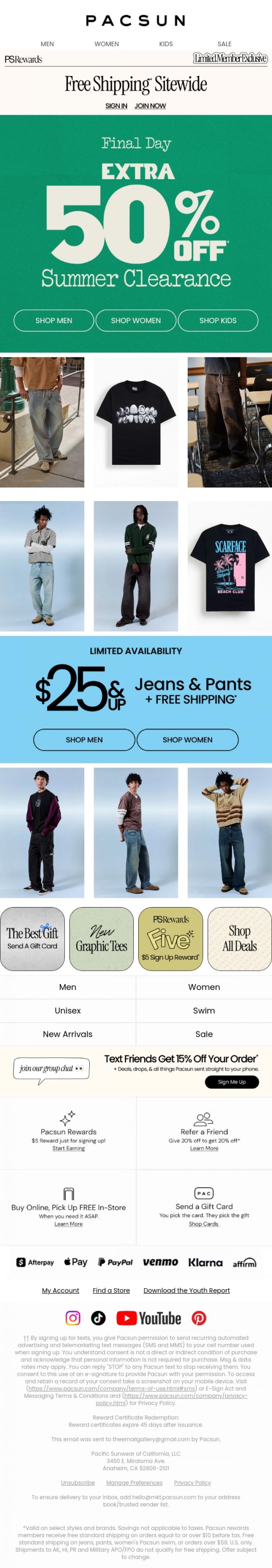 Email Design Inspiration from PacSun, Final Day! Extra 50% Off* Summer Clearance