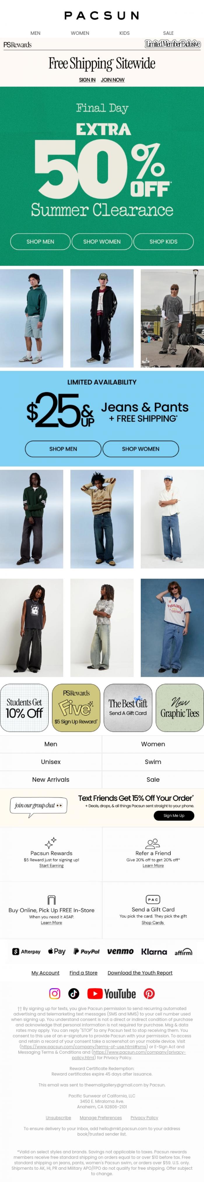 Email Design Inspiration from PacSun, Hours left for extra 50% off* ⏳