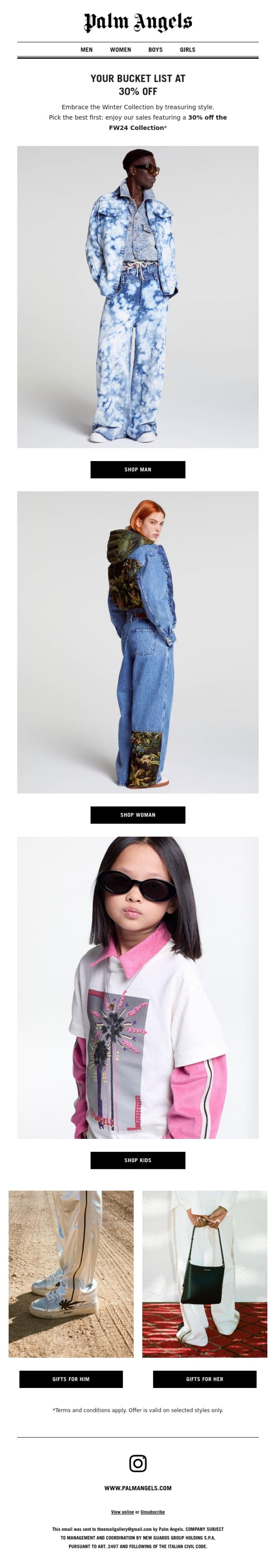Email Design Inspiration from Palm Angels, Shop o'clock: our Winter Sale is here to enjoy