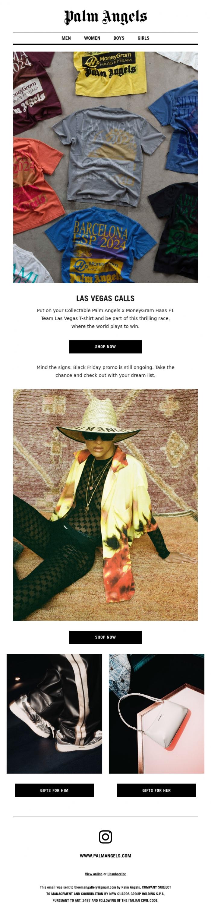 Email Design Inspiration from Palm Angels, Next stop Las Vegas.