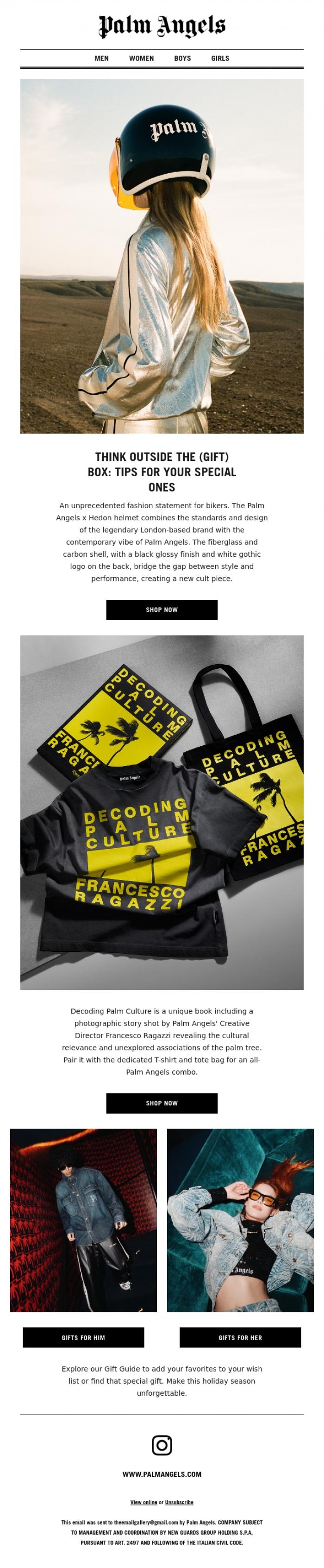 Email Design Inspiration from Palm Angels, Boost your style and nourish your mind with our gift guide