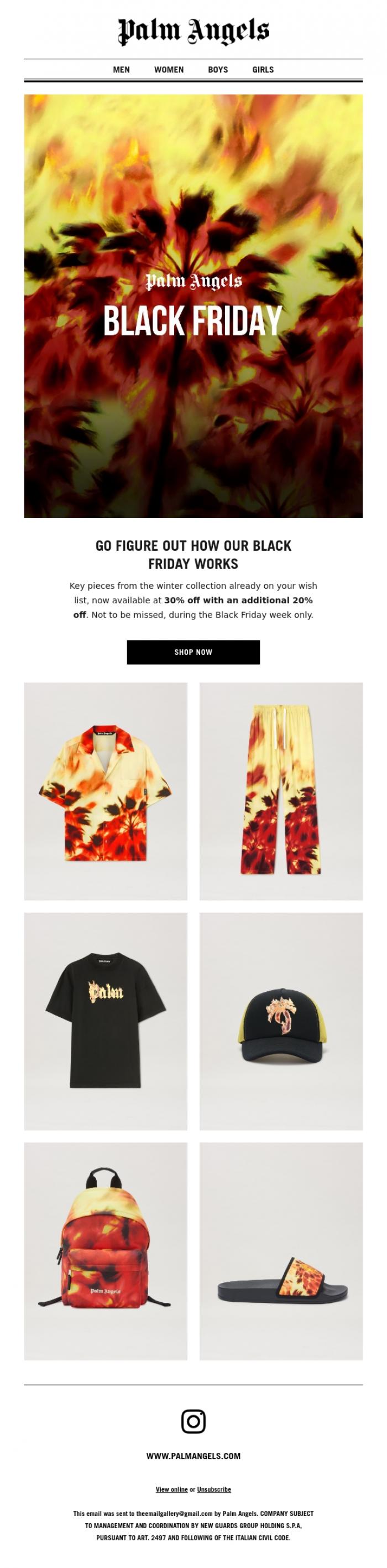 Email Design Inspiration from Palm Angels, It only happens on Black Friday and it's TOMORROW!