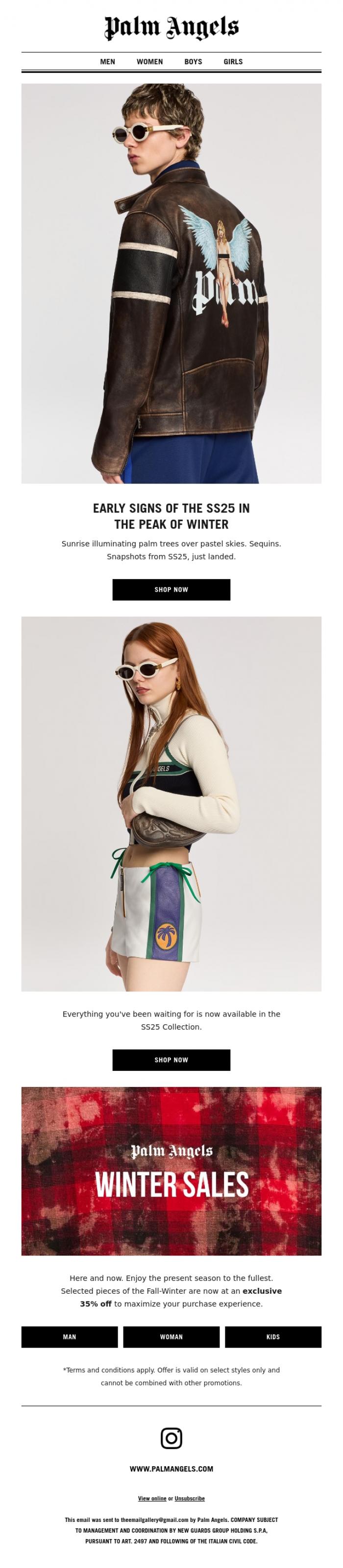 Email Design Inspiration from Palm Angels, Winter senses summer sensibility