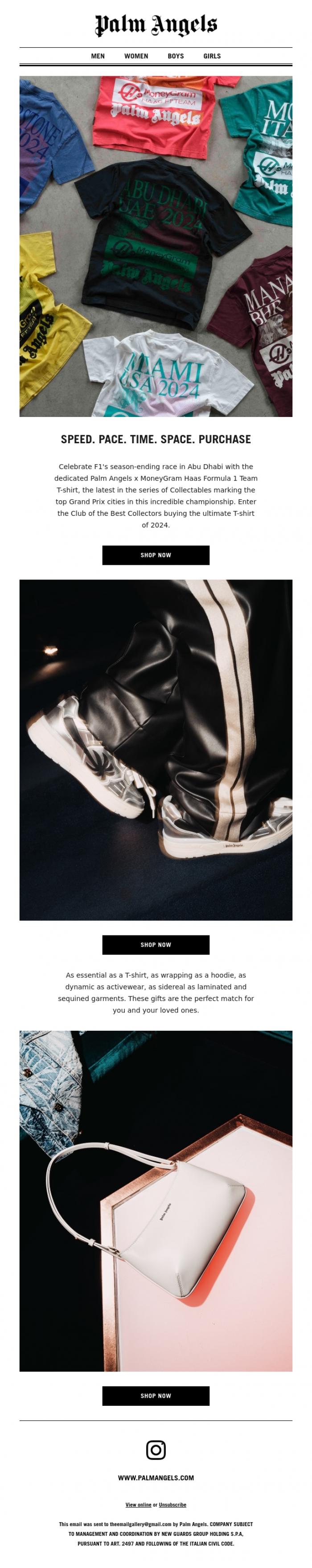 Email Design Inspiration from Palm Angels, Formula1 end-of-season and the upcoming holiday season sharing momentum