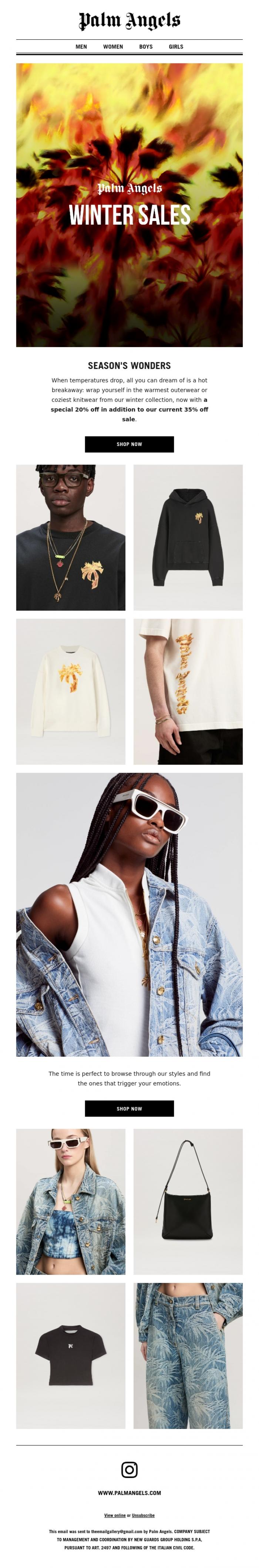 Email Design Inspiration from Palm Angels, Feeling cold? Discover our hottest deals