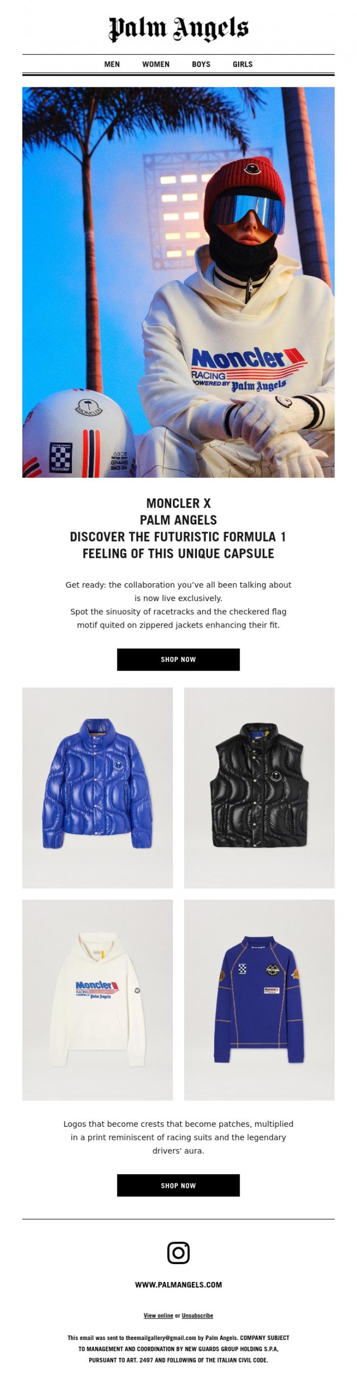 Email Design Inspiration from Palm Angels, MONCLER X PALM ANGELS = FAST-PACED SOPHISTICATION