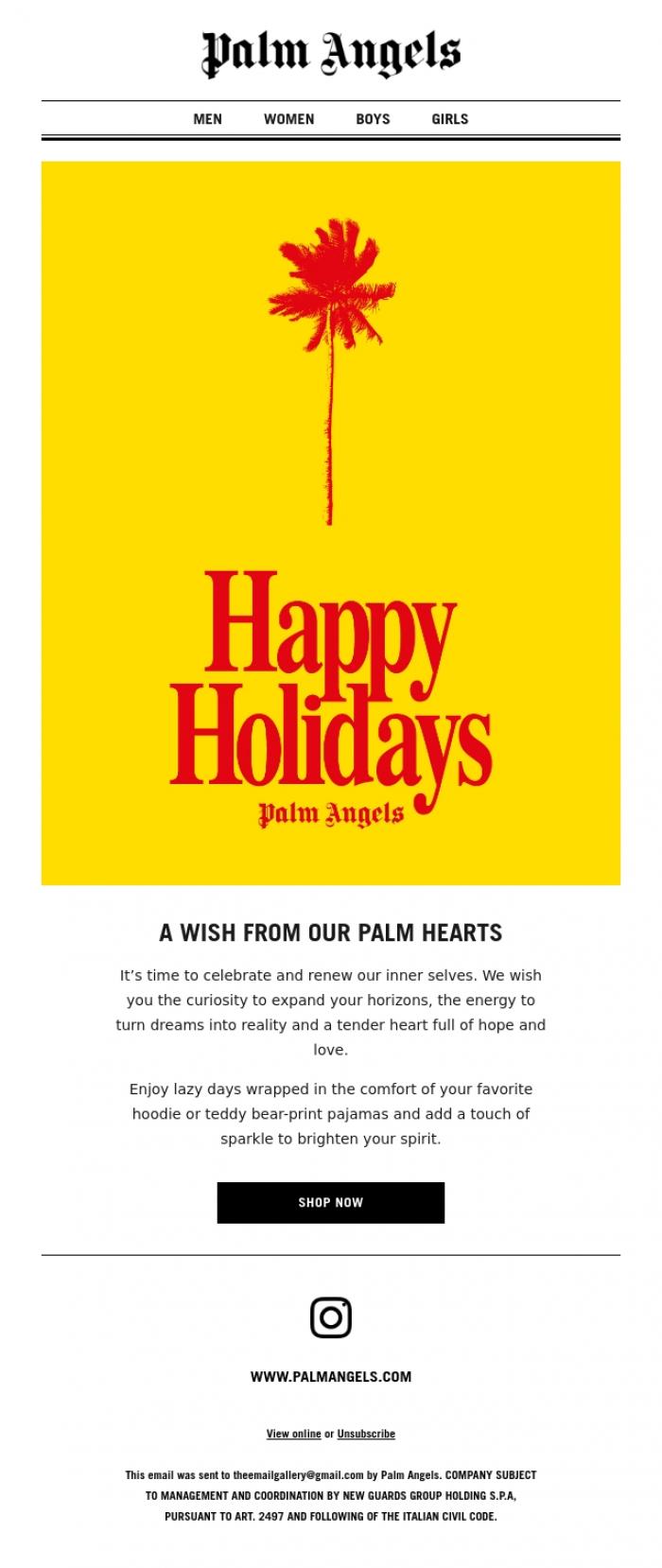 Email Design Inspiration from Palm Angels, Holidays? Celebrate!