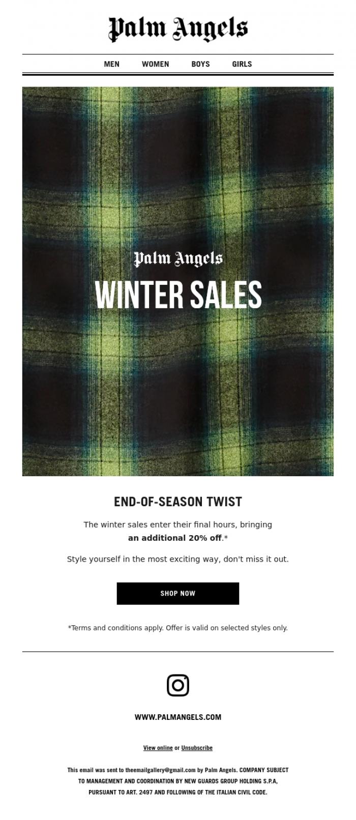 Email Design Inspiration from Palm Angels, The last days of winter (Sales)