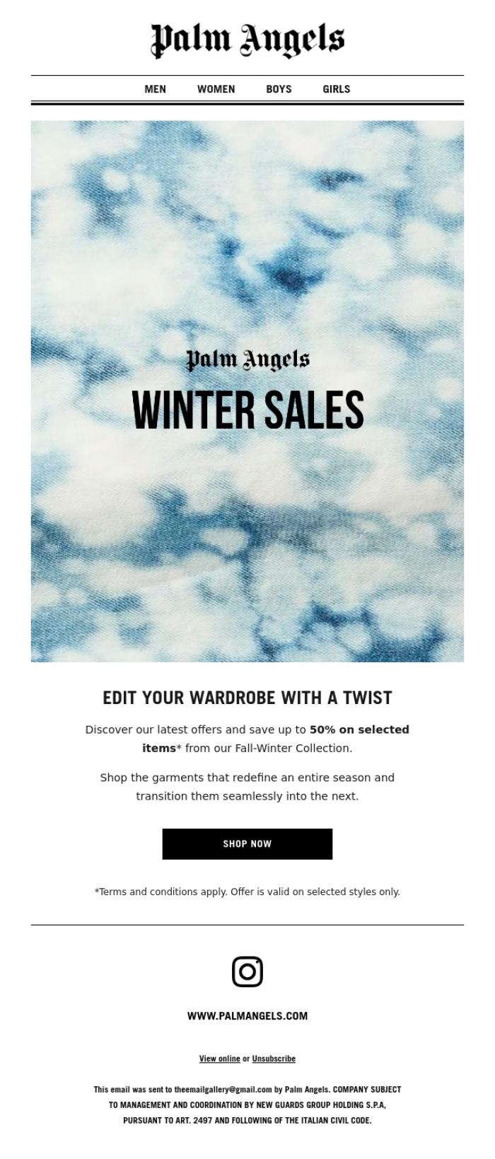 Email Design Inspiration from Palm Angels, One-of-a-kind winter sales
