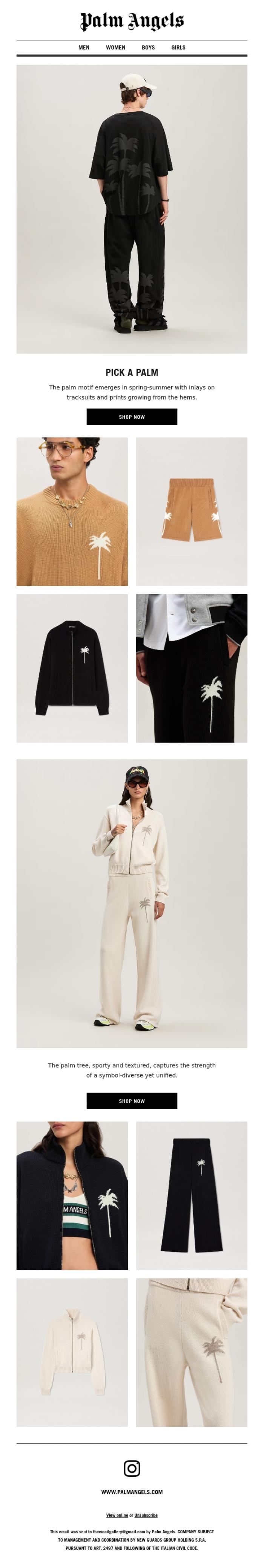 Email Design Inspiration from Palm Angels, The spring edit: tracksuit goes knitted