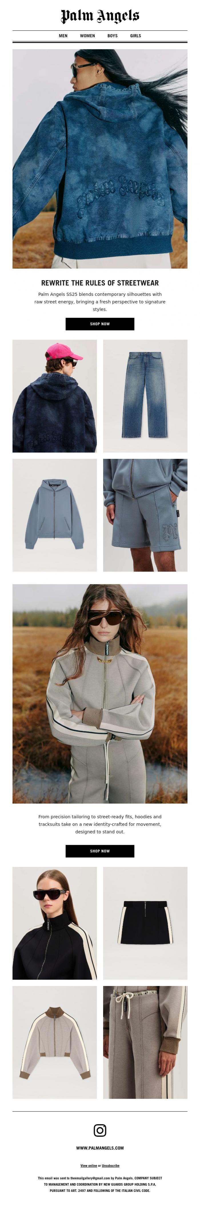Email Design Inspiration from Palm Angels, SS25 is here. A new season, a new attitude.