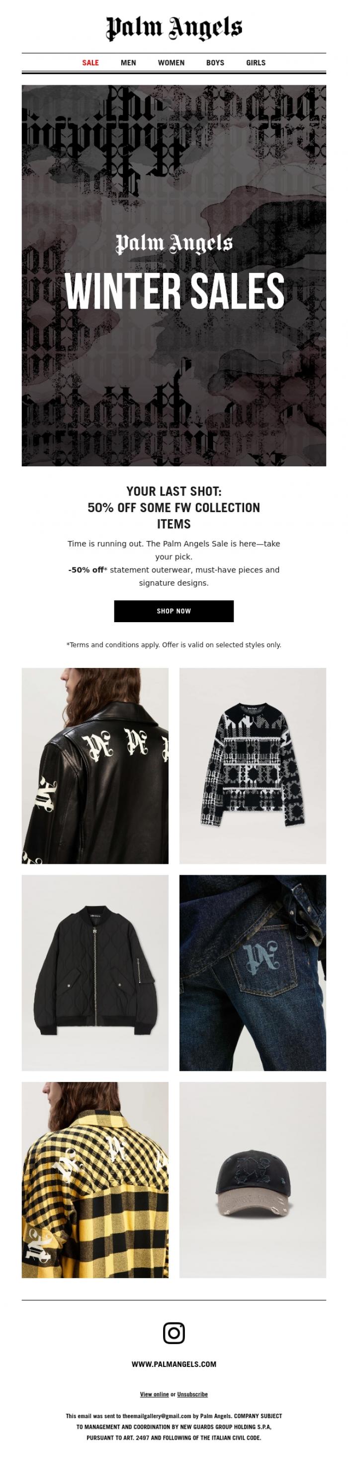 Email Design Inspiration from Palm Angels, 50% OFF won't last forever