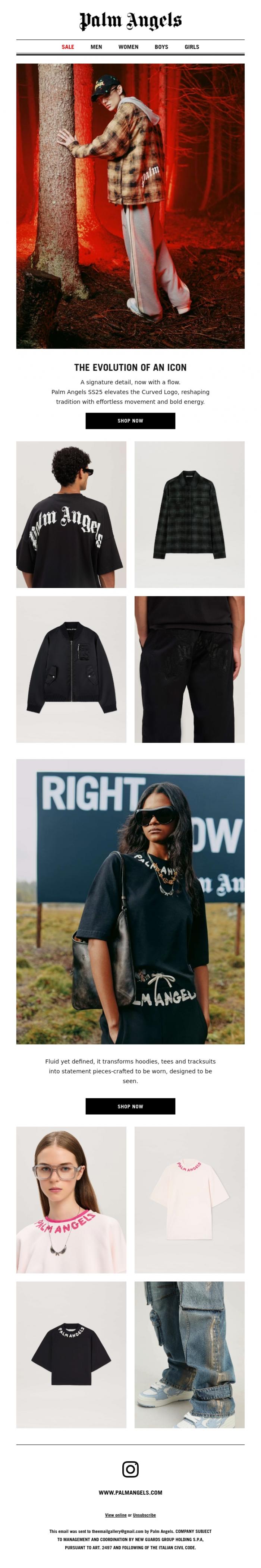 Email Design Inspiration from Palm Angels, The Curved Logo defines SS25.