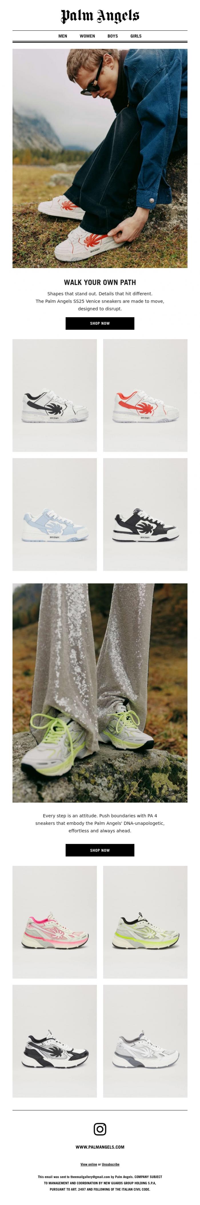Email Design Inspiration from Palm Angels, Step into SS25 - Palm Angels Sneakers Drop