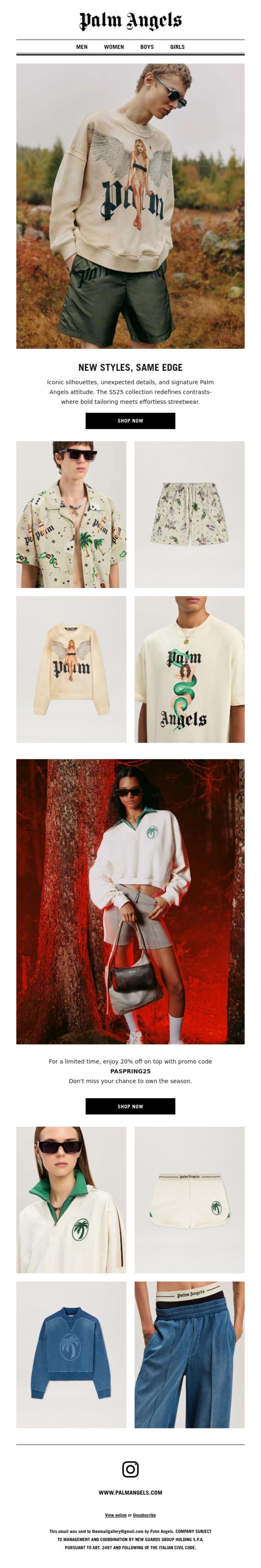 Email Design Inspiration from Palm Angels, SS25 + 20% Off - Limited Time Only