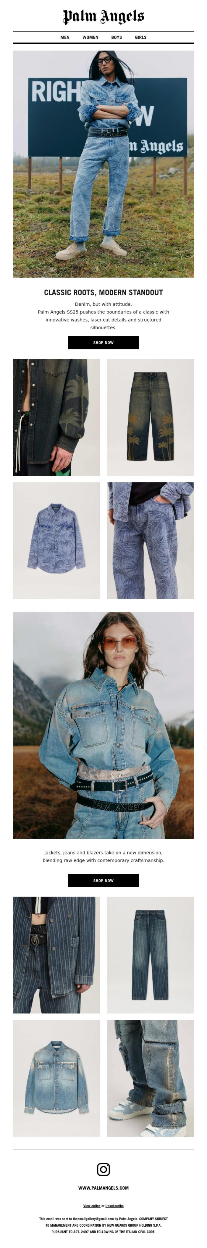 Email Design Inspiration from Palm Angels, Denim, the Palm Angels way.