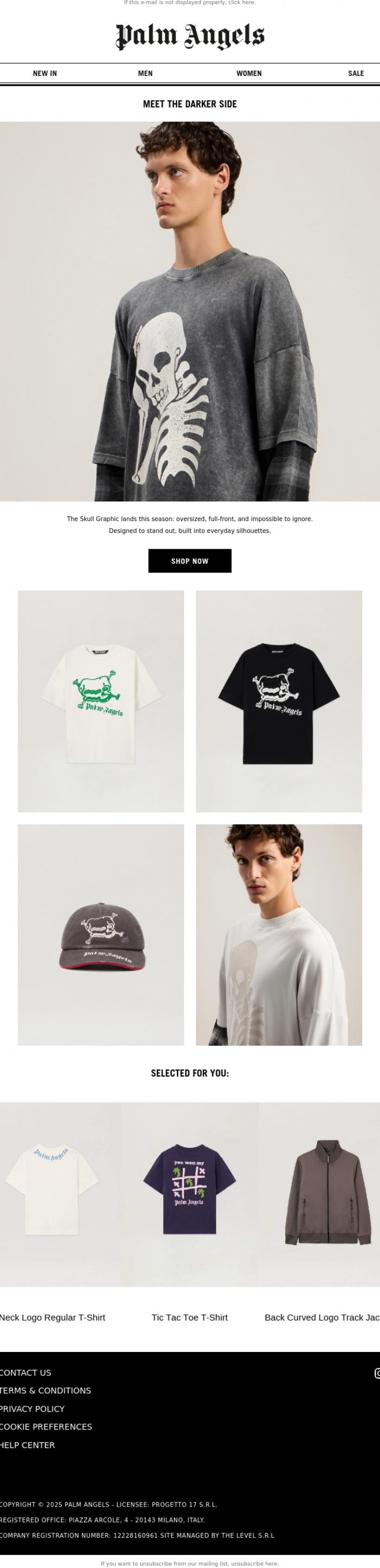 Email Design Inspiration from Palm Angels, The Skull. Front and Centre.