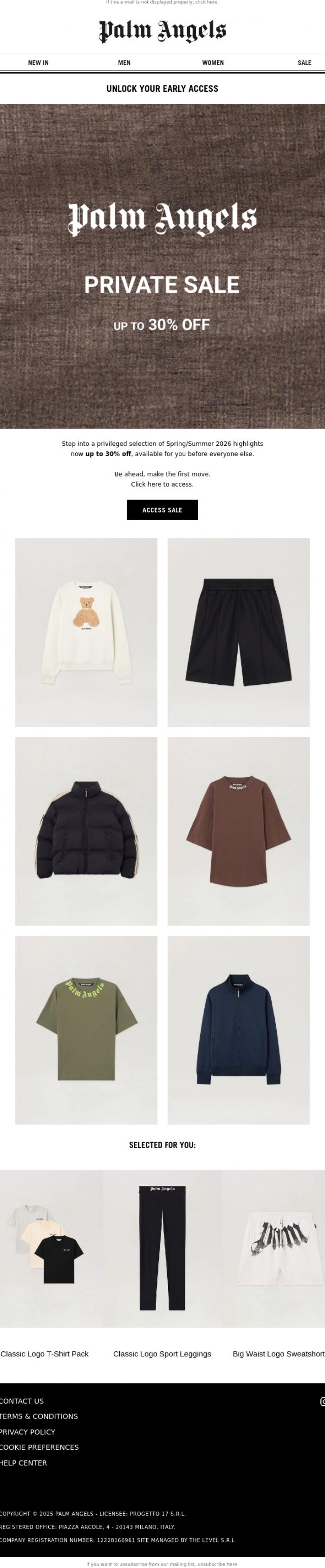 Email Design Inspiration from Palm Angels, Hello , Your Private Sale Starts Now