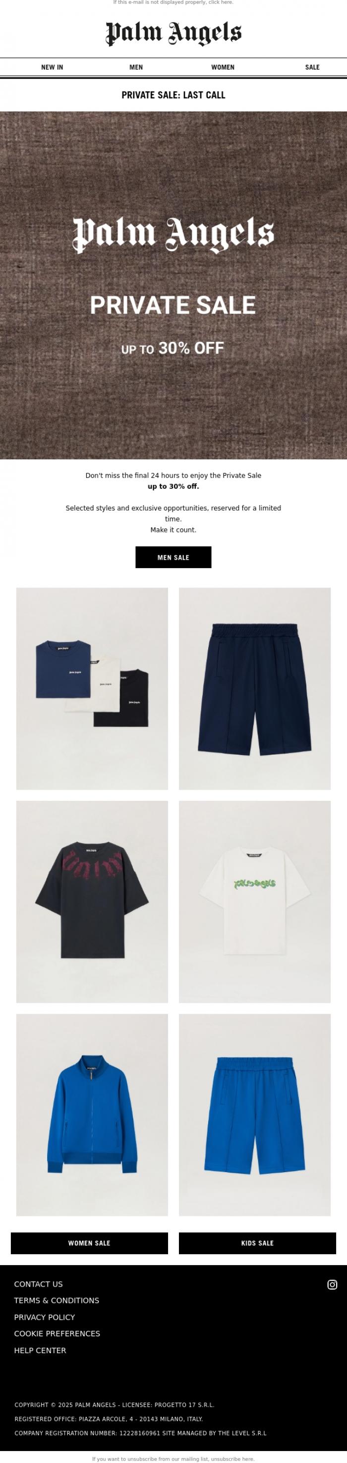 Email Design Inspiration from Palm Angels, Last 24H of Your Private Sale