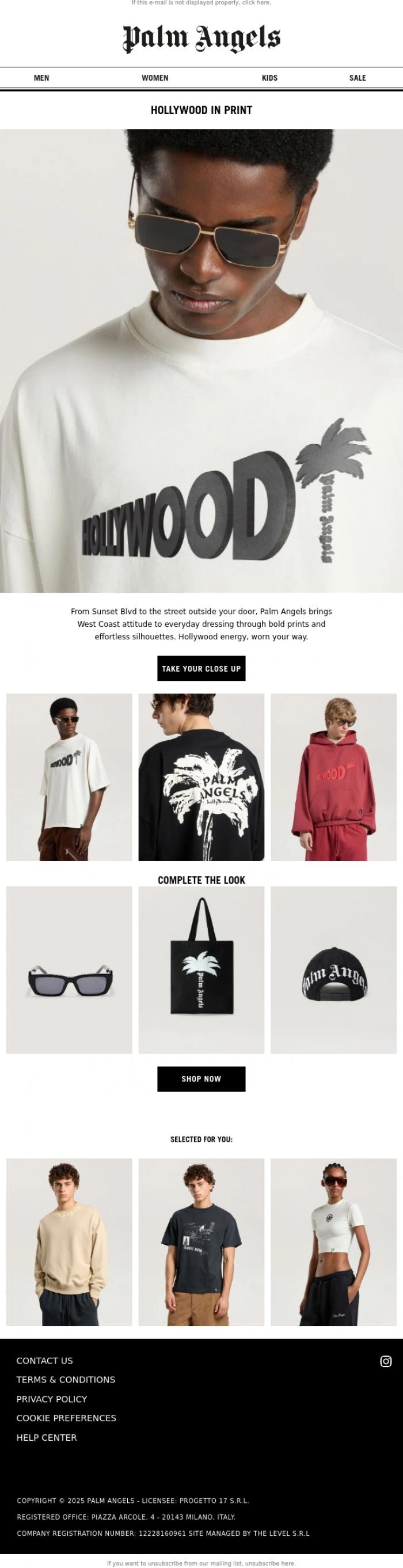 Email Design Inspiration from Palm Angels, Hollywood Calling.