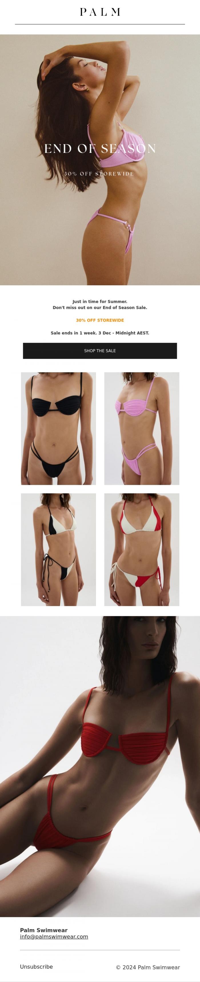 Email Design Inspiration from Palm Swimwear, End of Season Sale | 30% off storewide