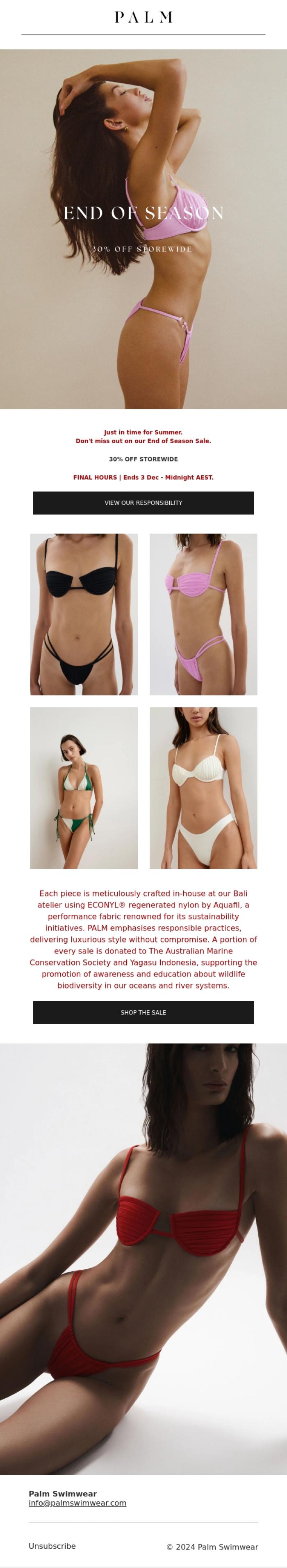 Email Design Inspiration from Palm Swimwear, 30% Off Storewide | End of Season Sale