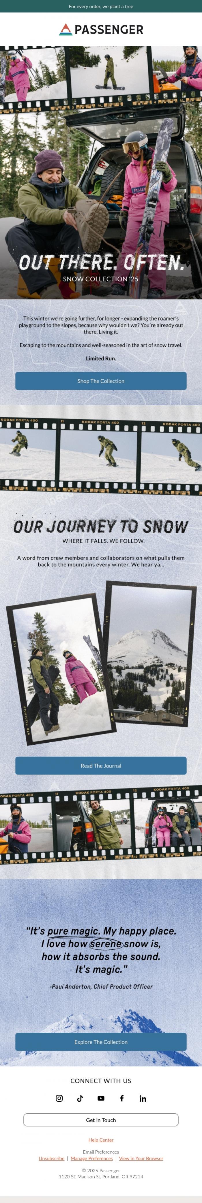 Email Design Inspiration from Passenger, Early Access: Snow Collection '25