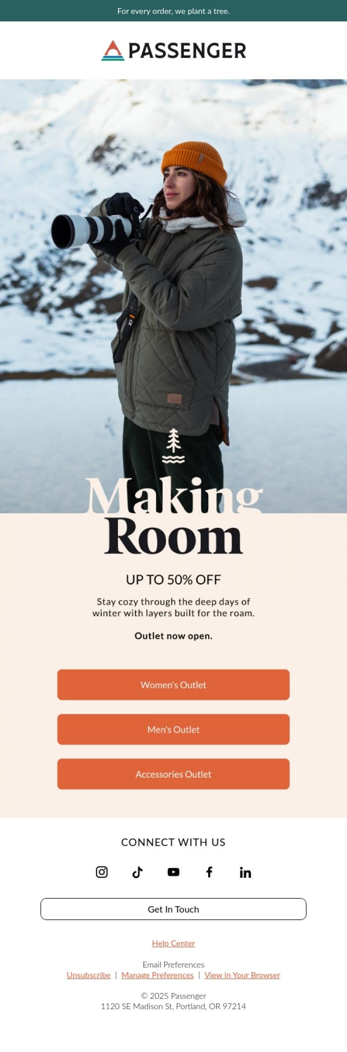Email Design Inspiration from Passenger, Outlet now up to 50% off