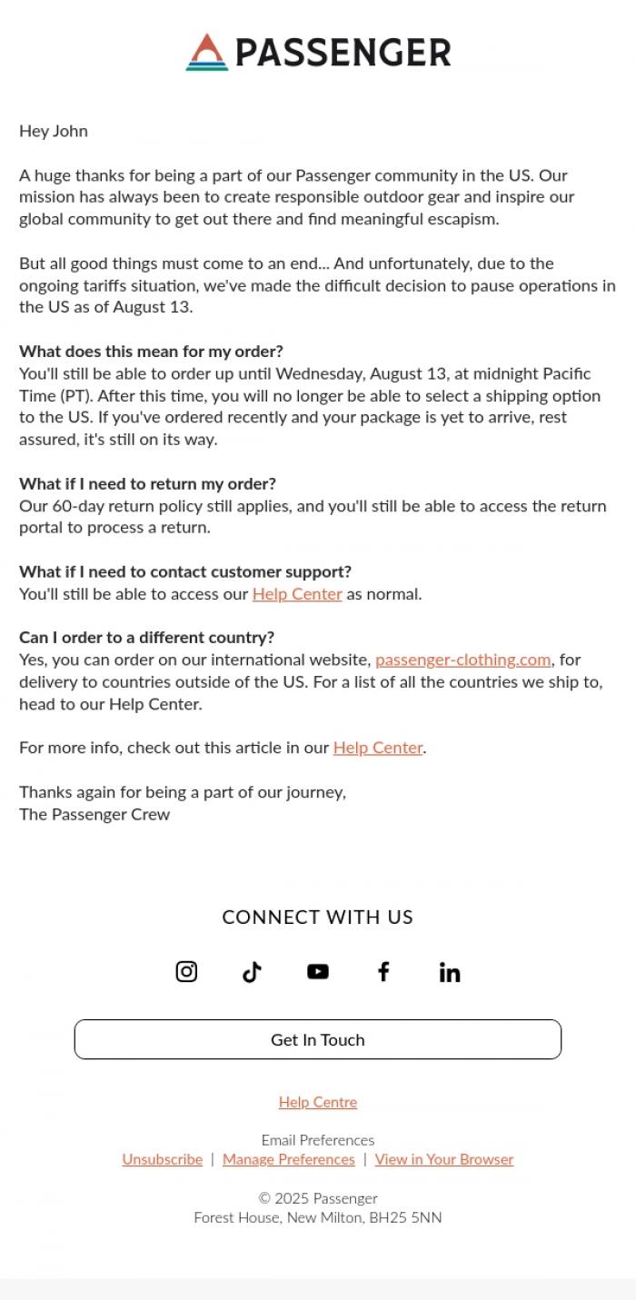Email Design Inspiration from Passenger, An update on Passenger in the US