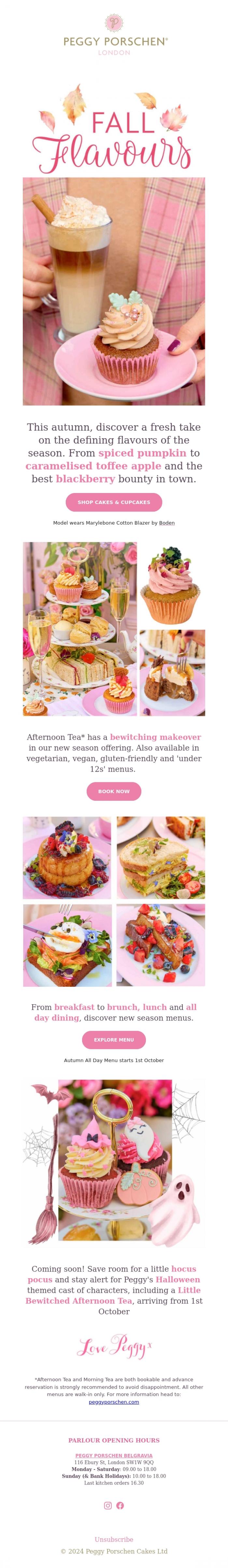 Email Design Inspiration from Peggy Porschen Cakes Ltd, Fall Flavours: Spiced Pumpkin, Toffee Apple & Blackberry Crumble