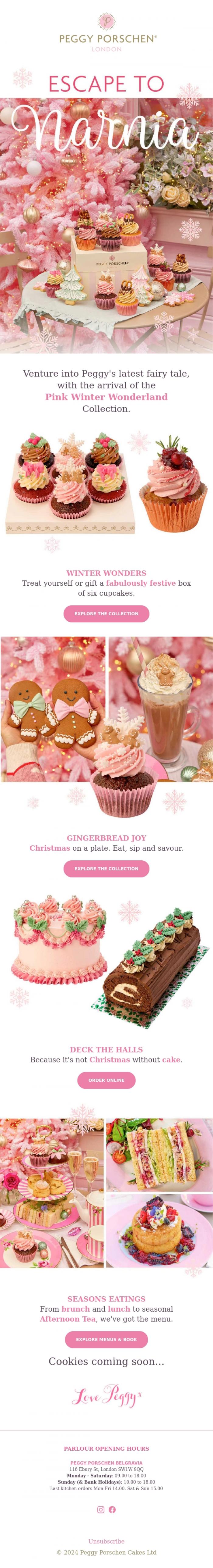 Email Design Inspiration from Peggy Porschen Cakes Ltd, Escape to Narnia this Festive Season.&nbsp; Peggy's Pink Winter Wonderland is here.
