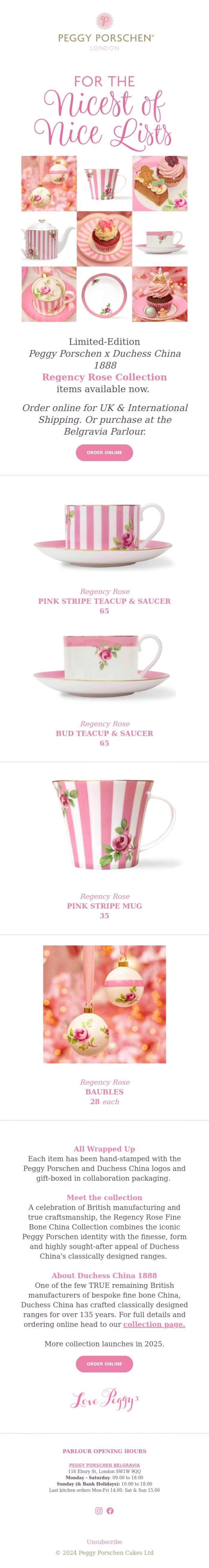 Email Design Inspiration from Peggy Porschen Cakes Ltd, Christmas Gifting Sorted. The Peggy Porschen x Duchess China 1888 Fine Bone China Collection has Landed