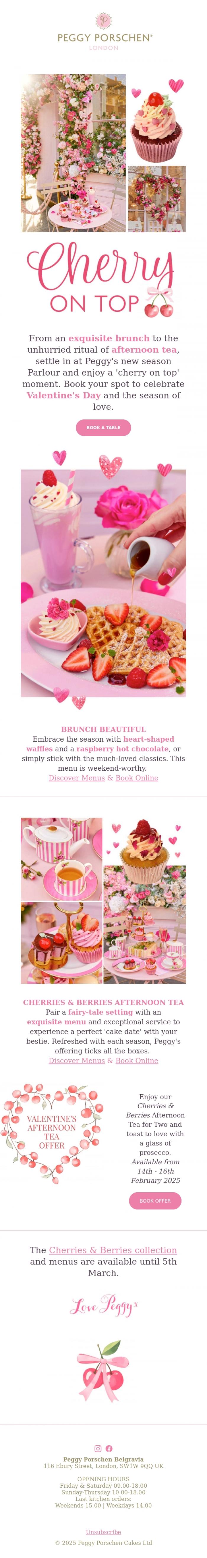 Email Design Inspiration from Peggy Porschen Cakes Ltd, Celebrate the season of love at Peggy's Cherries & Berries inspired&nbsp;Parlour