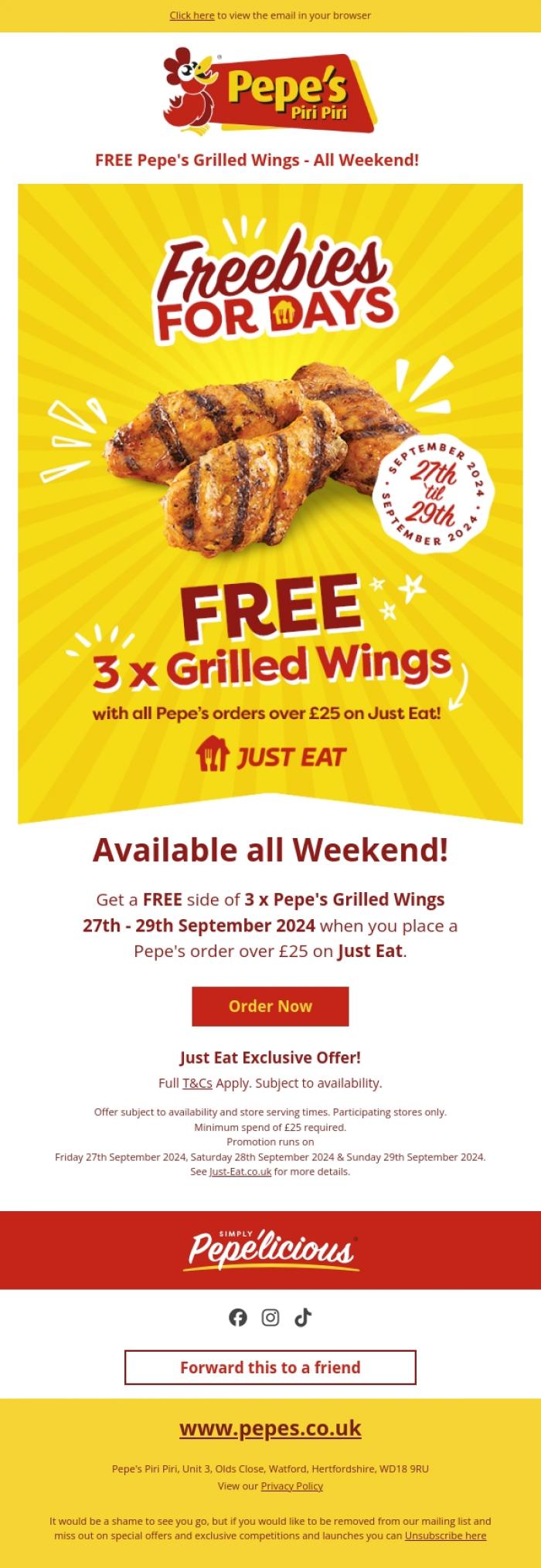 Email Design Inspiration from Pepe's, FREEBIES all weekend with Pepe's and Just Eat 🔥