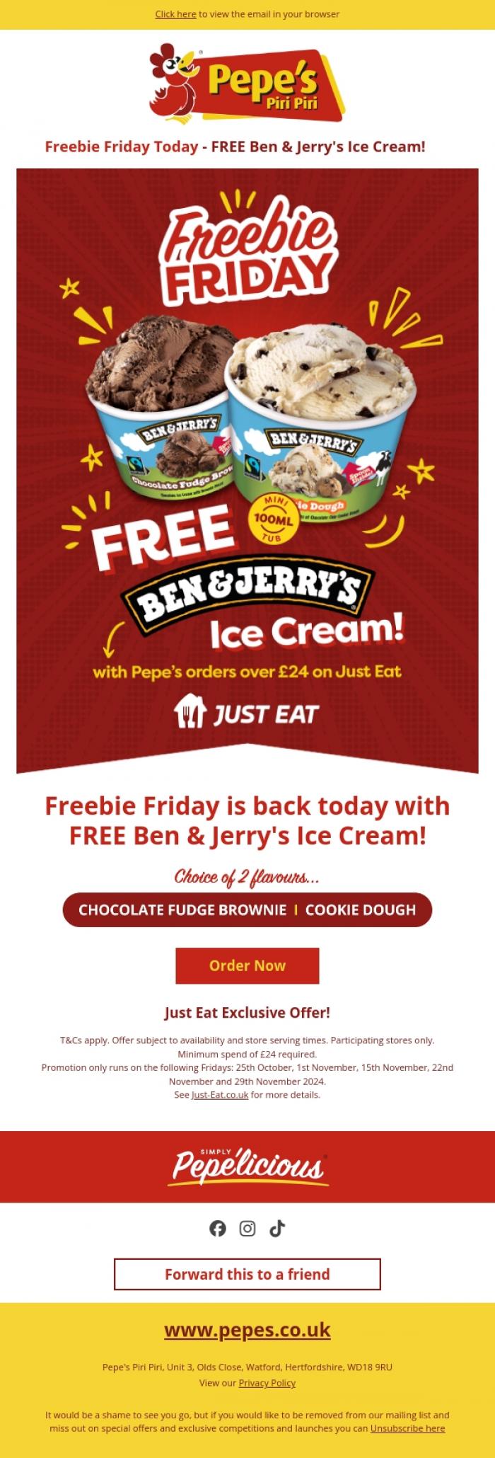 Email Design Inspiration from Pepe's, FREE Ben and Jerry's today on Just Eat 🎉