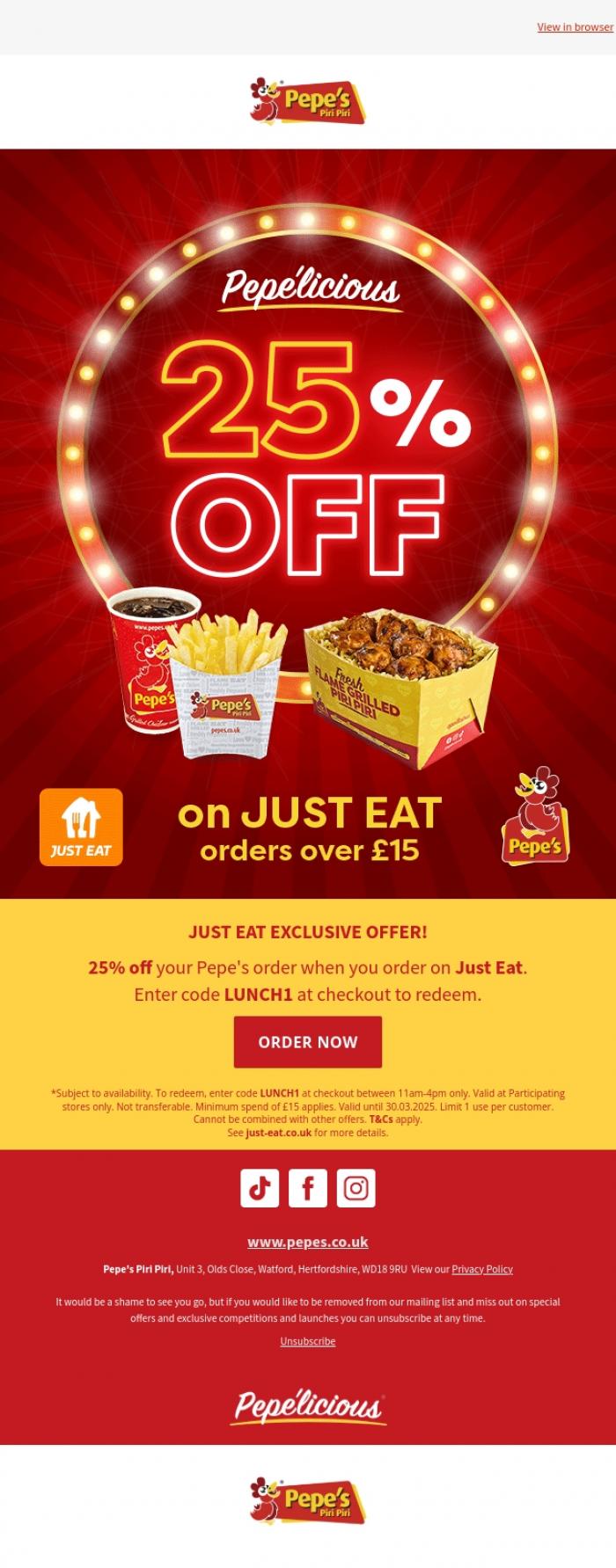 Email Design Inspiration from Pepe's, 25% off Pepe's on Just Eat