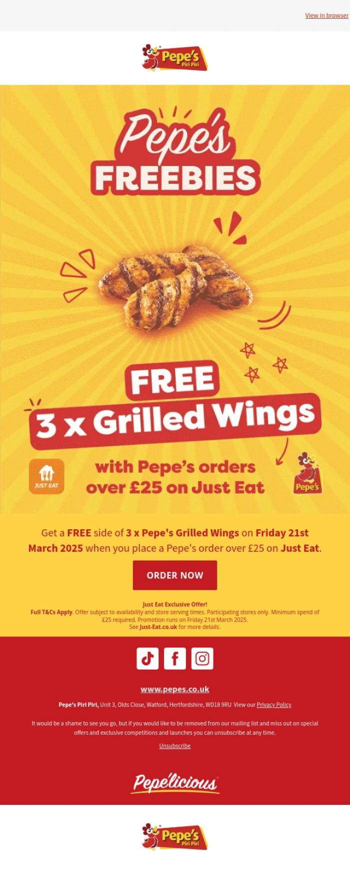 Email Design Inspiration from Pepe's, FREE Pepe's wings today