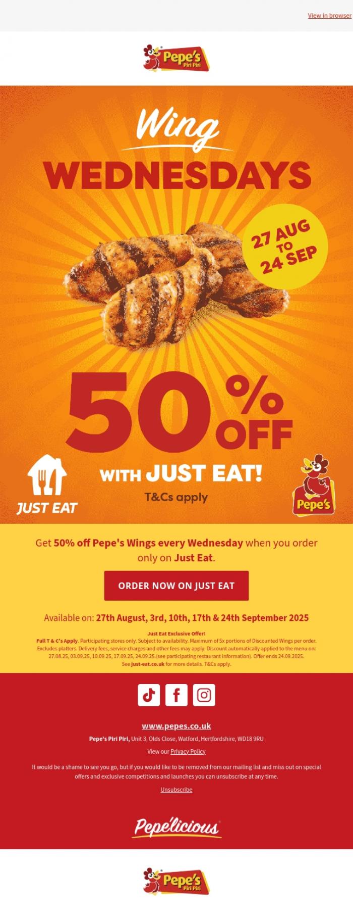 Email Design Inspiration from Pepe's, 🔥 Wing Wednesday = 50% Off Pepe's Wings!