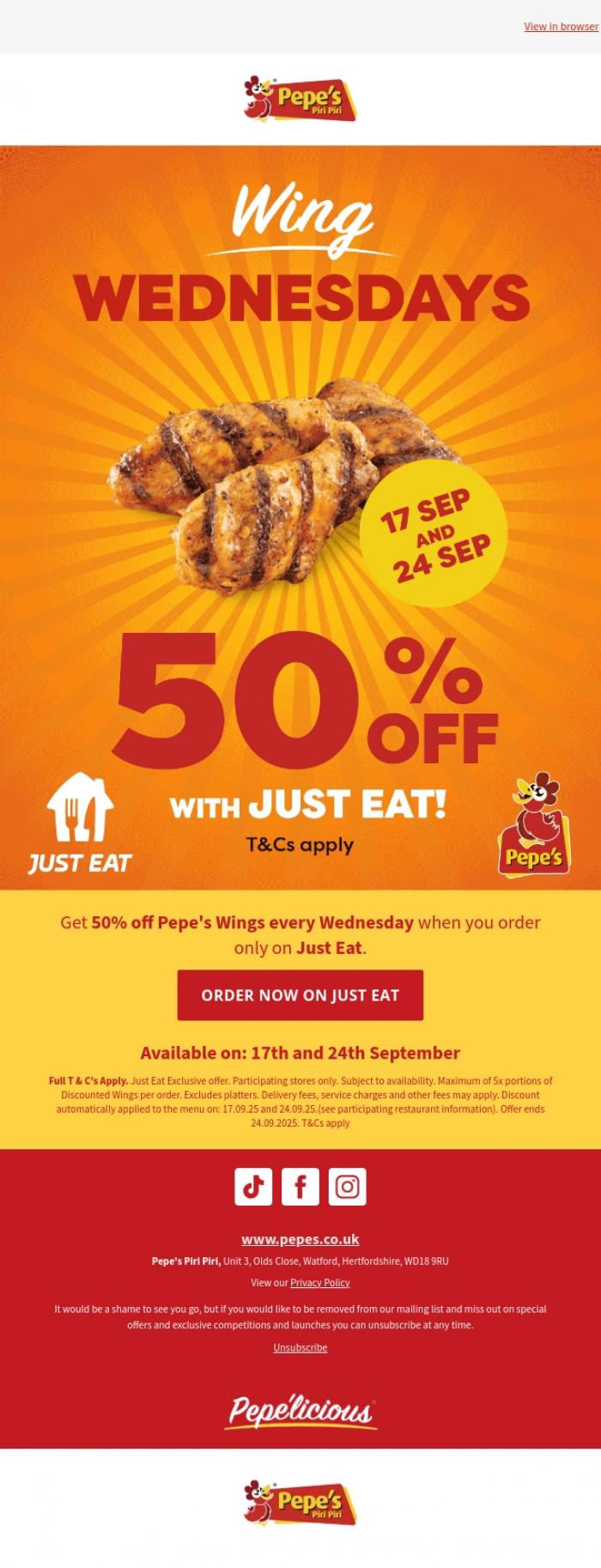 Email Design Inspiration from Pepe's, Get 50% off Pepe's Wings on Wing Wednesday