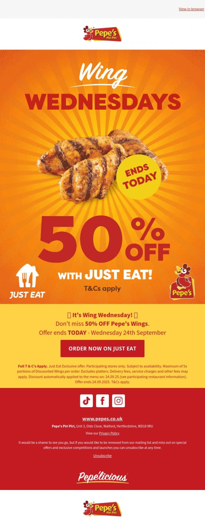 Email Design Inspiration from Pepe's, Pepe's Wing Wednesday - 50% off Wings