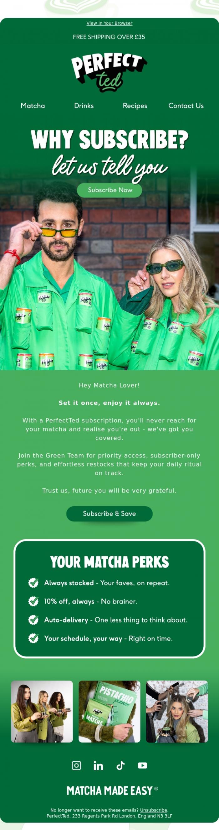 Email Design Inspiration from PerfectTed, Subscribe and Save! 💚