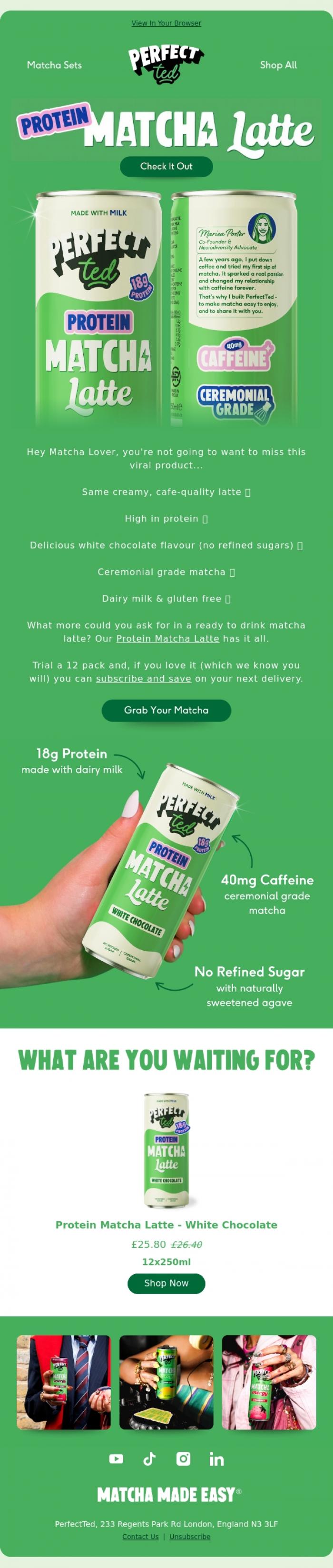 Email Design Inspiration from PerfectTed, Matcha AND Protein? 💪