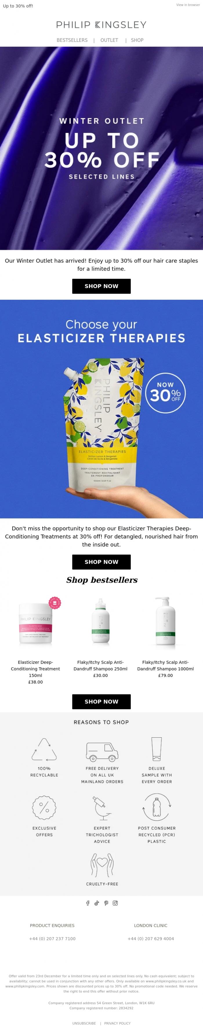 Email Design Inspiration from Philip Kingsley, Winter Outlet is On - 30% Off Selected Lines ❄