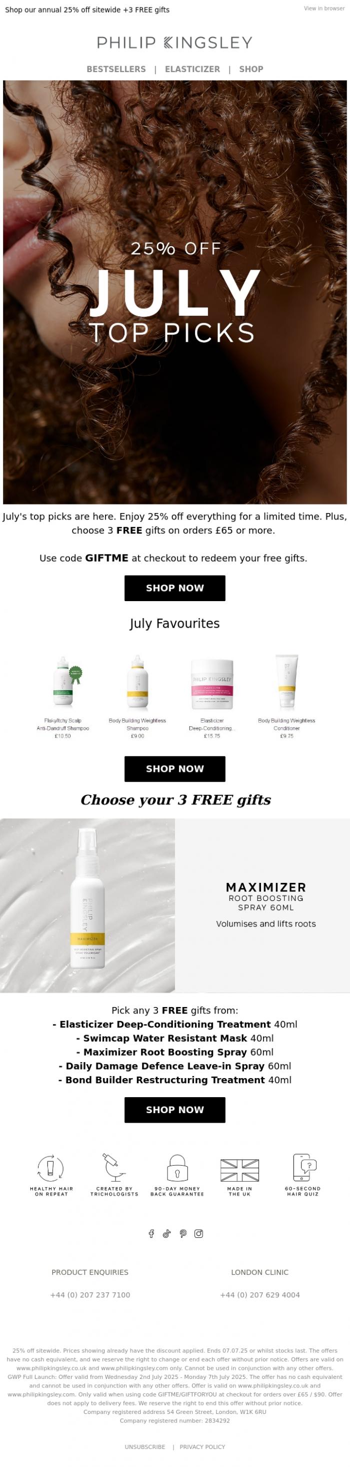 Email Design Inspiration from Philip Kingsley, July favourites for summer - all 25% off🔥