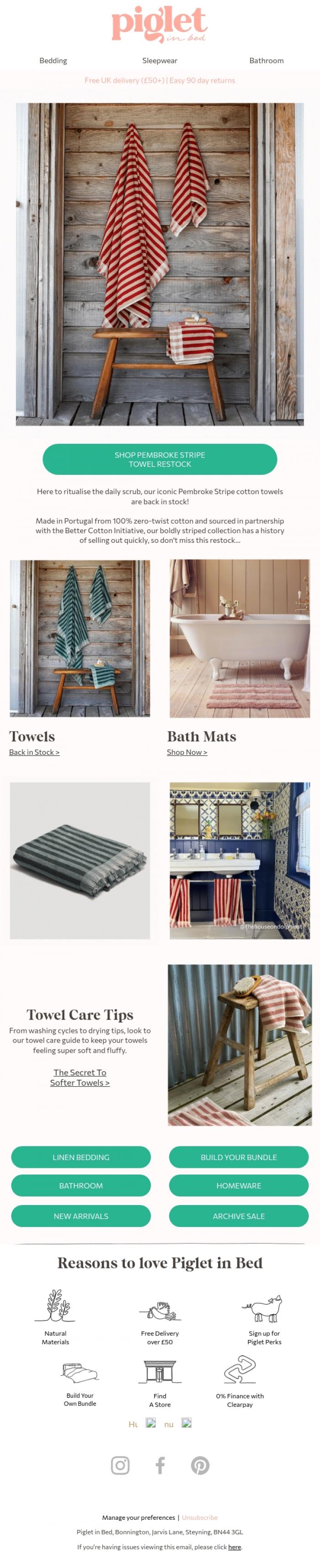 Email Design Inspiration from Piglet in Bed, BESTSELLING striped towels are back! 🐚