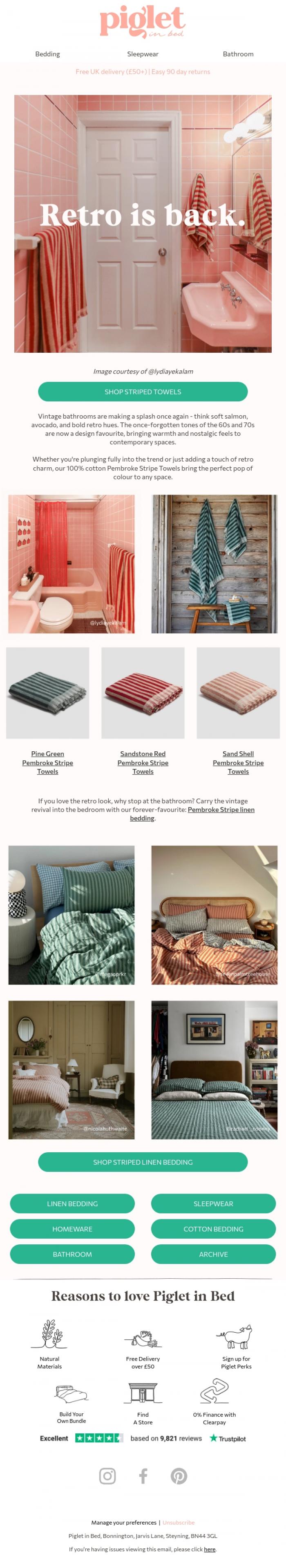 Email Design Inspiration from Piglet in Bed, Our bestselling towels, made for retro bathrooms